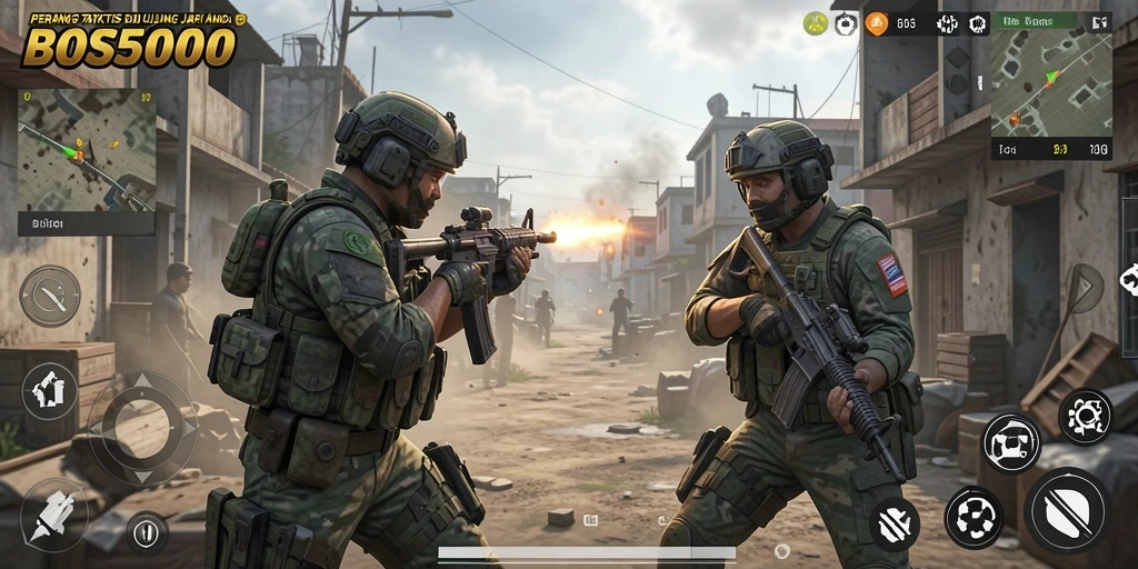 Screenshot gameplay BOS5000 menampilkan pertempuran intens dan grafis yang mengagumkan.
