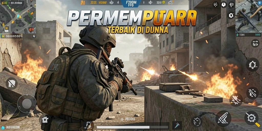 Screenshot F200M menampilkan pertempuran intens dalam permainan FPS.