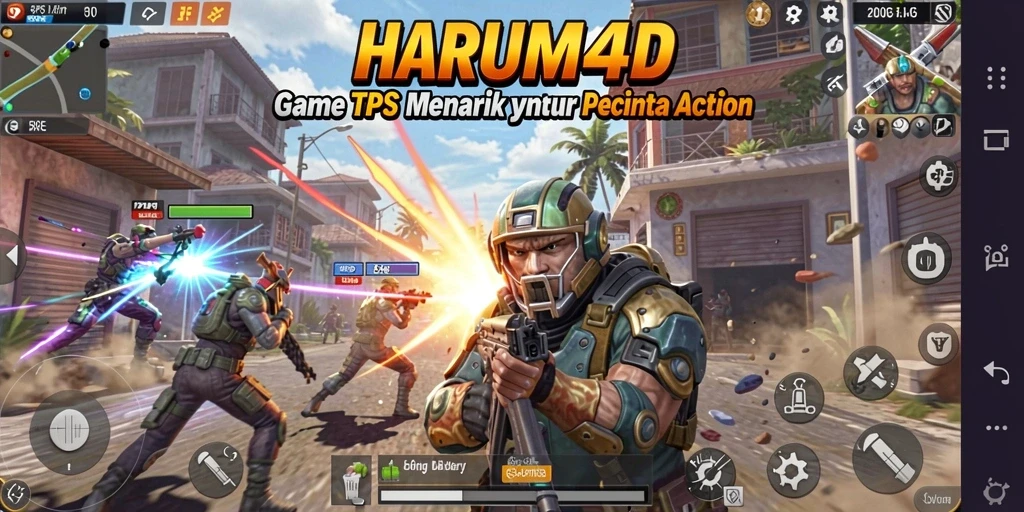 Tangkapan layar utama HARUM4D menampilkan aksi pertarungan seru dalam game TPS.