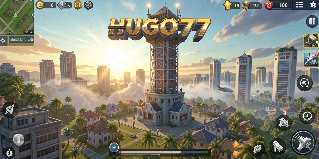 Screenshot utama HUGO77 menampilkan aksi pertahanan menara yang intens.