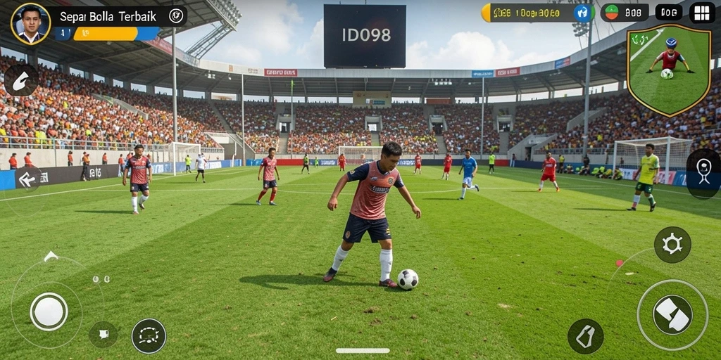Screenshot gameplay ID098 menampilkan aksi seru di lapangan sepak bola.
