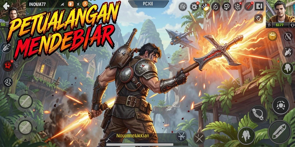 Screenshot utama INOVA77 menampilkan aksi seru dalam pertempuran.