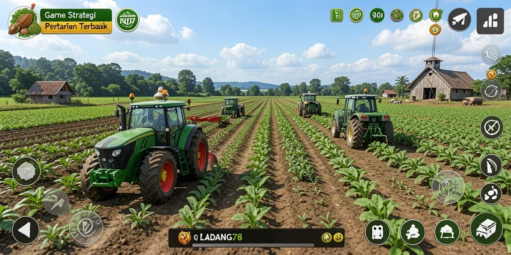 Screenshot gameplay LADANG78 yang menampilkan taman dan ladang yang berkembang.