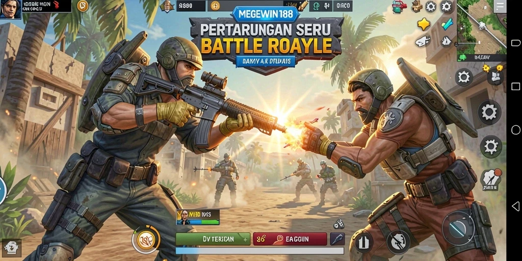 Screenshot gameplay MEGEWIN188 menunjukkan aksi pertarungan seru Battle Royale.