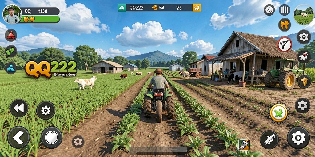 Screenshot gameplay QQ222 menunjukkan pertanian yang indah dan beragam aktivitas.