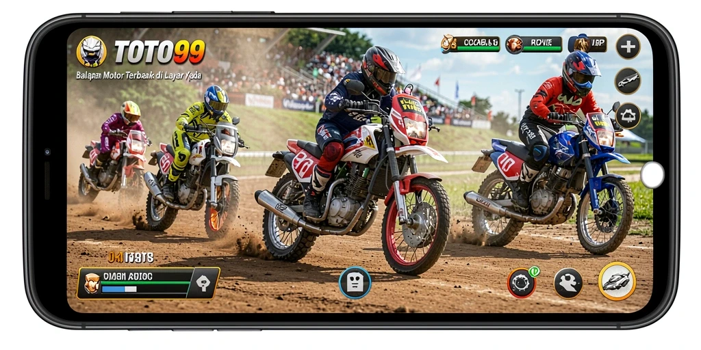 Screenshot gameplay seru TOTO99 di lintasan balapan motor.