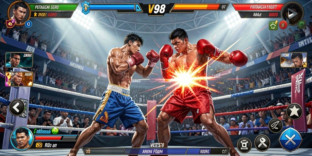 Tampilan gameplay V98 yang intens dalam pertarungan Fighting.